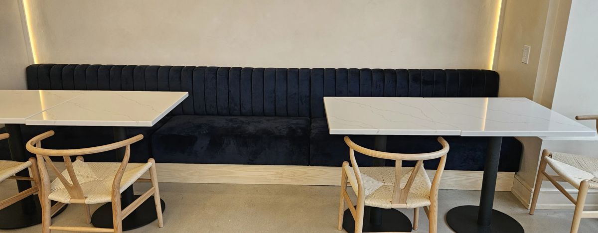 Coffee shop navy velvet booth seating