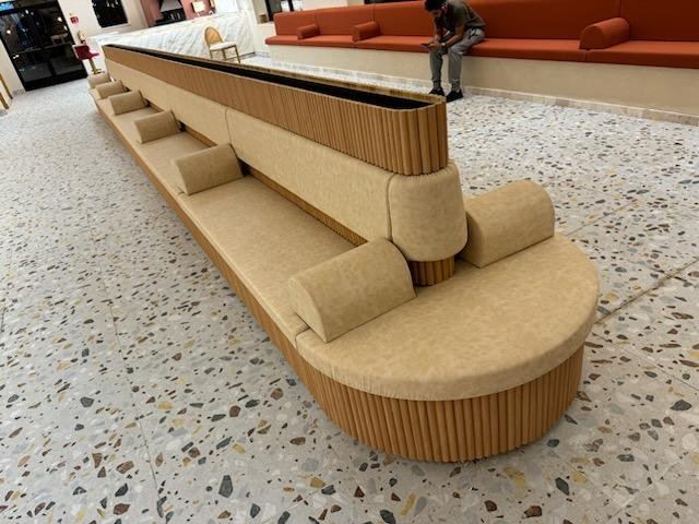 Coffee shop navy velvet channel-tufted sectional