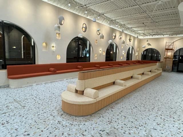 Coffee shop black and silver damask tufted seating