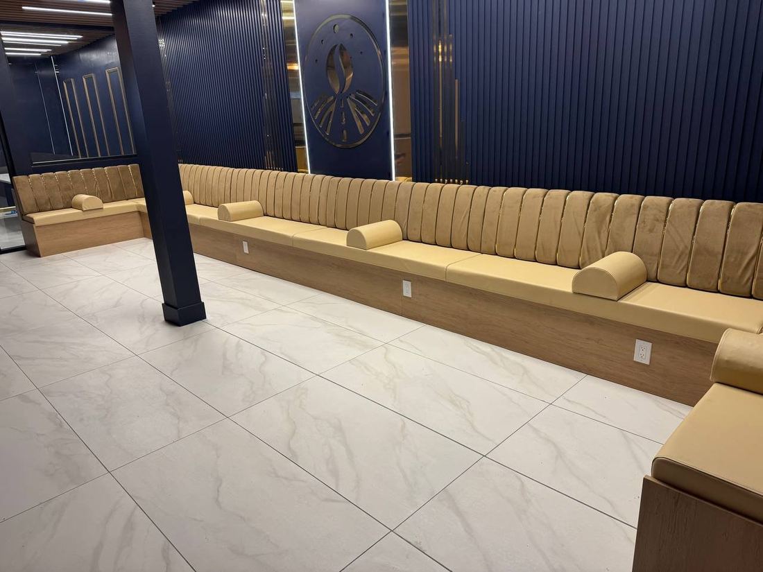 Coffee shop grey and gold Greek-key pattern seating